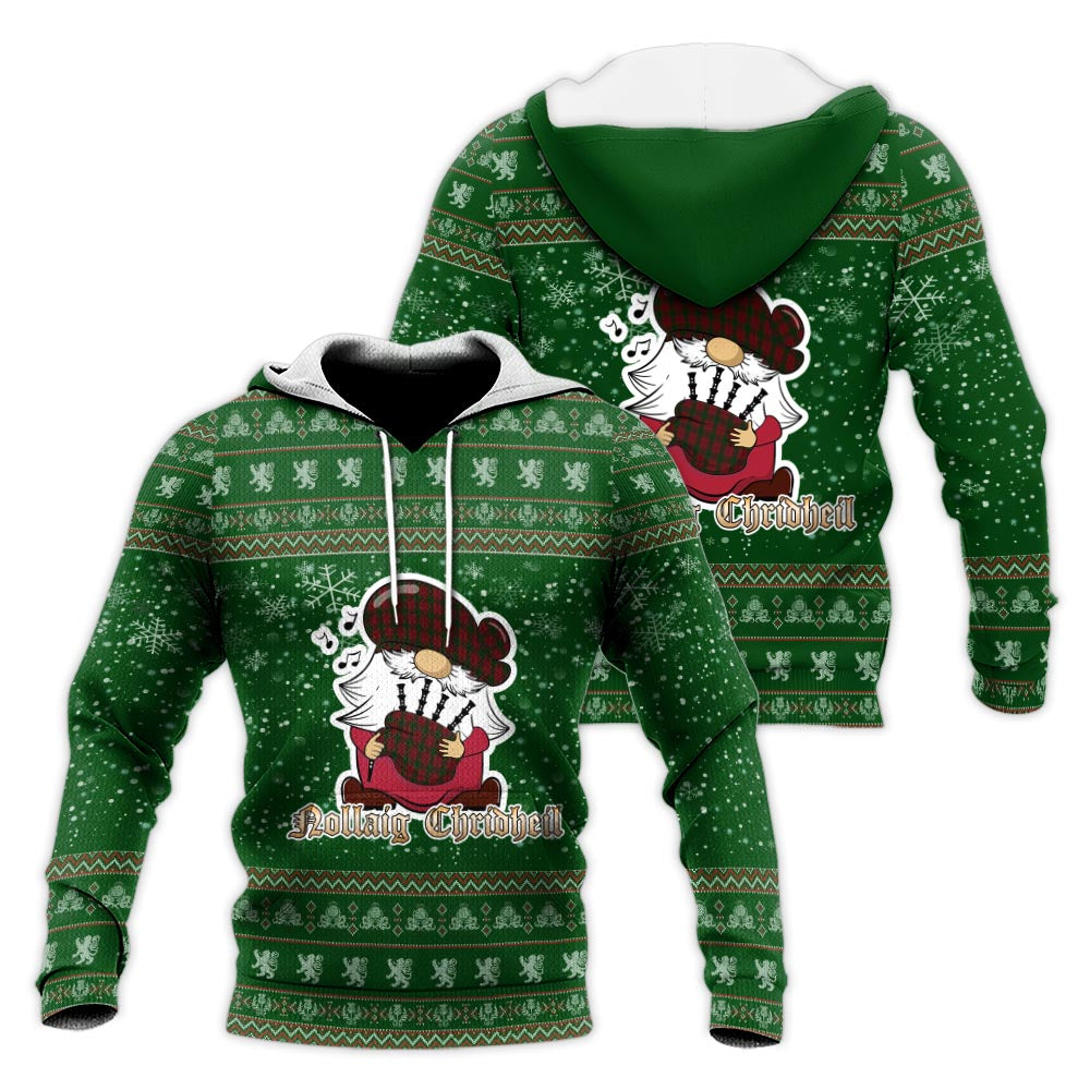 Denny Hunting Clan Christmas Knitted Hoodie with Funny Gnome Playing Bagpipes Green - Tartanvibesclothing
