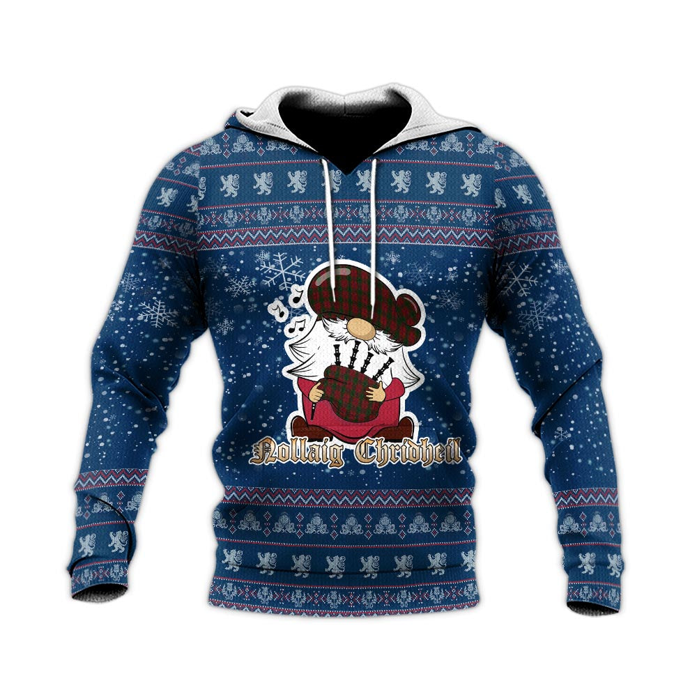 Denny Hunting Clan Christmas Knitted Hoodie with Funny Gnome Playing Bagpipes - Tartanvibesclothing