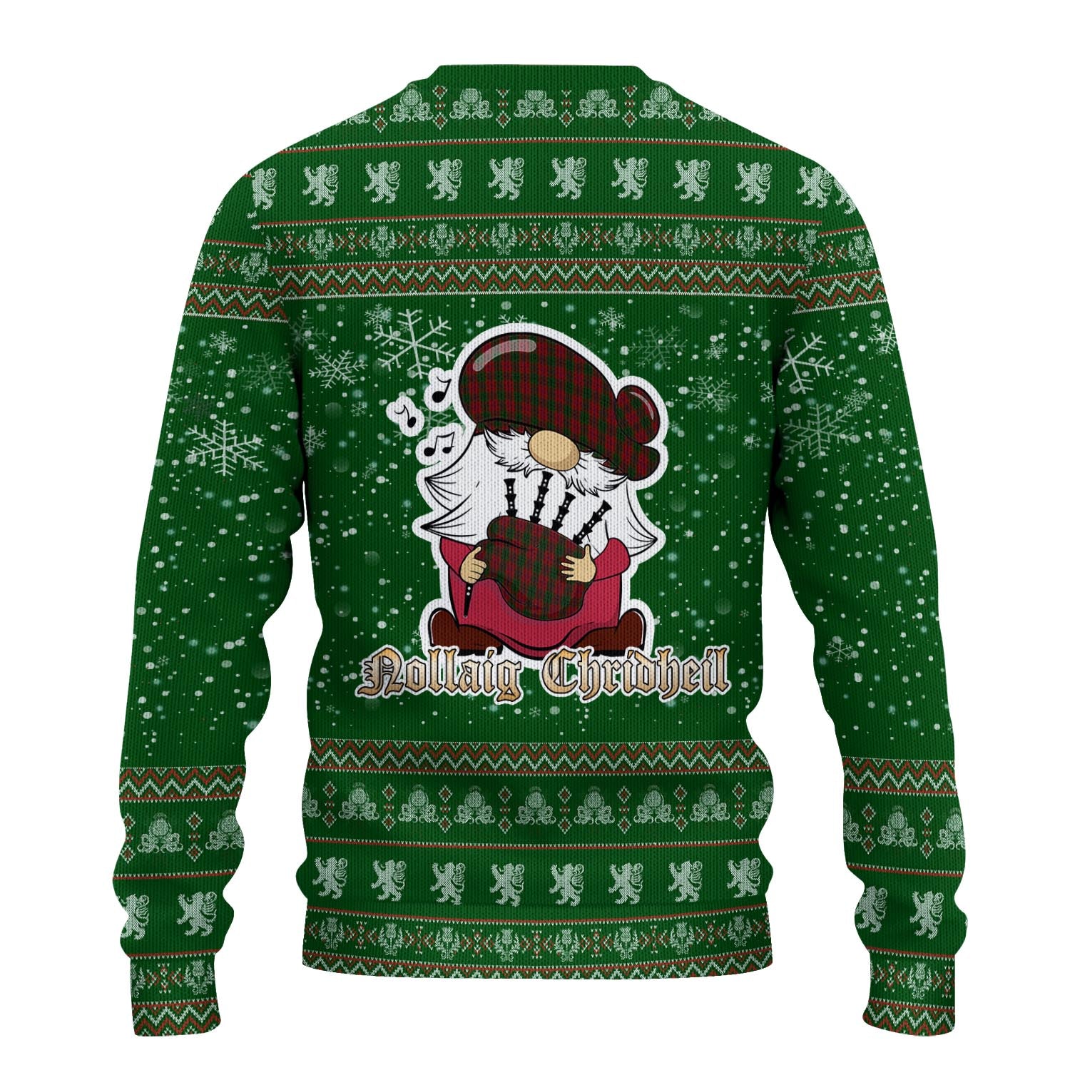 Denny Hunting Clan Christmas Family Knitted Sweater with Funny Gnome Playing Bagpipes - Tartanvibesclothing