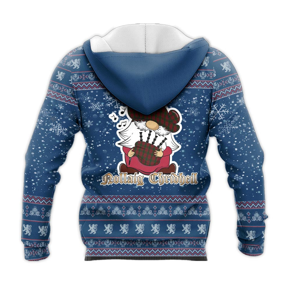 Denny Hunting Clan Christmas Knitted Hoodie with Funny Gnome Playing Bagpipes - Tartanvibesclothing