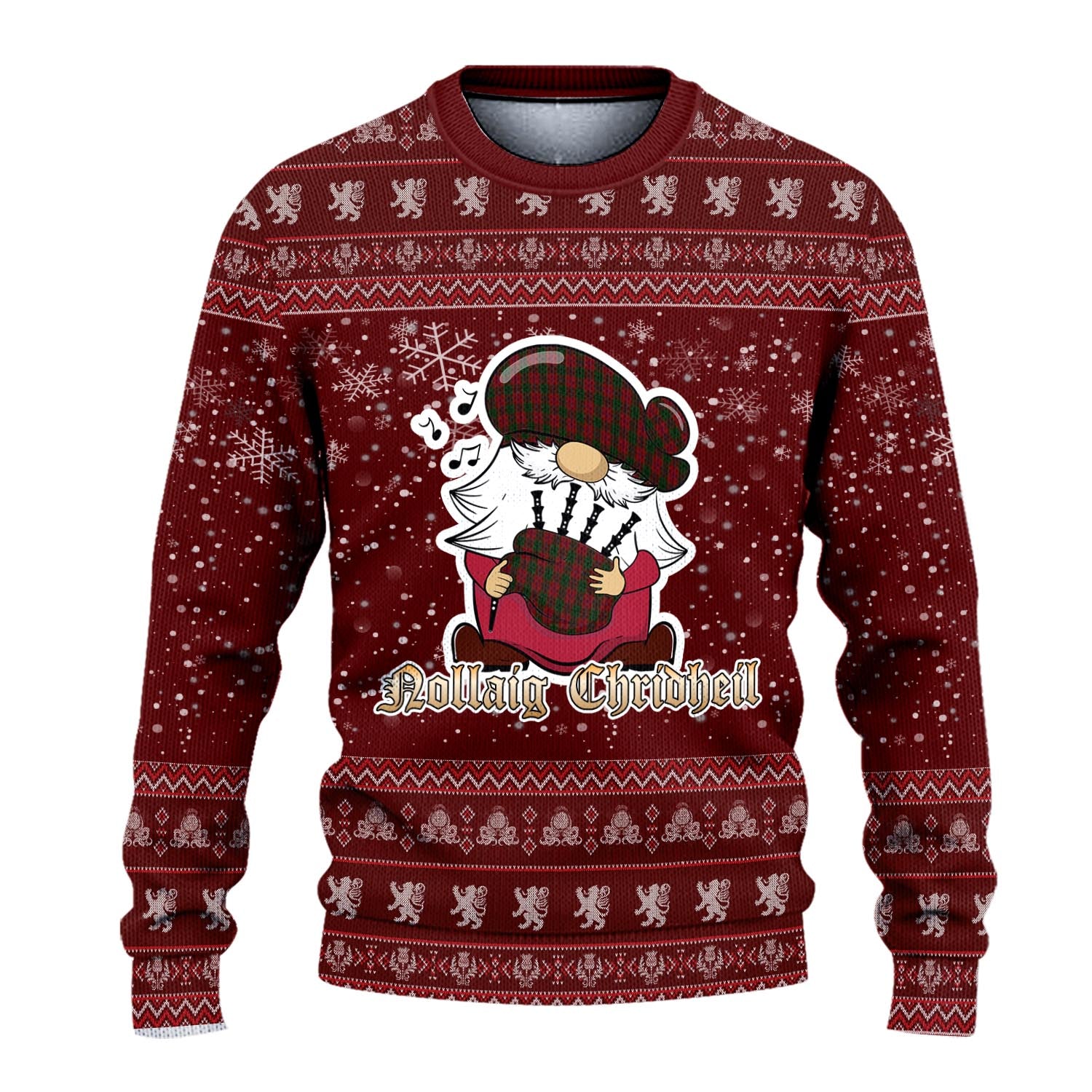 Denny Hunting Clan Christmas Family Knitted Sweater with Funny Gnome Playing Bagpipes - Tartanvibesclothing