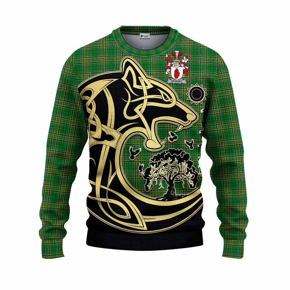 Devaney Irish Tartan Knitted Sweater with Coat of Arms Celtic Wolf Style Unisex - Tartan Vibes Clothing
