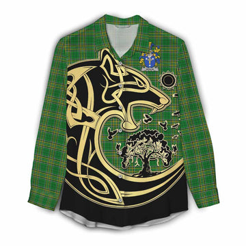 Devlin Irish Tartan Women's Casual Shirt with Coat of Arms Celtic Wolf Style Female - Tartan Vibes Clothing