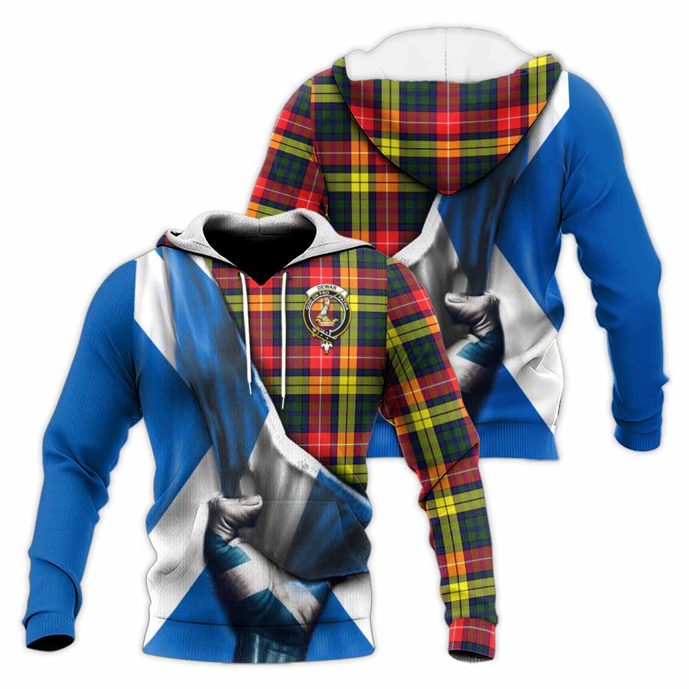 Tartan Vibes Clothing Dewar Tartan Knitted Hoodie with Family Crest Scotland Patriotic Style