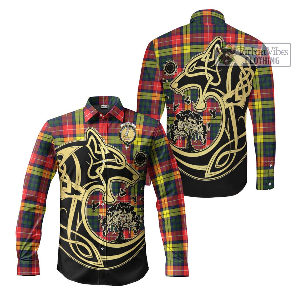 Dewar Tartan Long Sleeve Button Shirt with Family Crest Celtic Wolf Style Men's Shirt S - Tartan Vibes Clothing