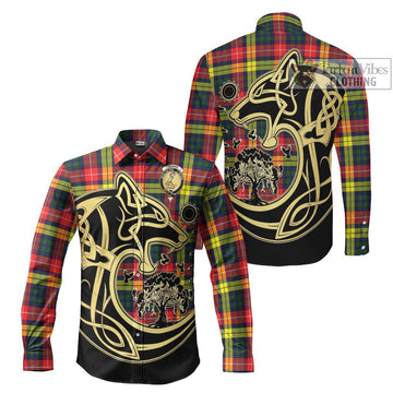 Dewar Tartan Long Sleeve Button Shirt with Family Crest Celtic Wolf Style