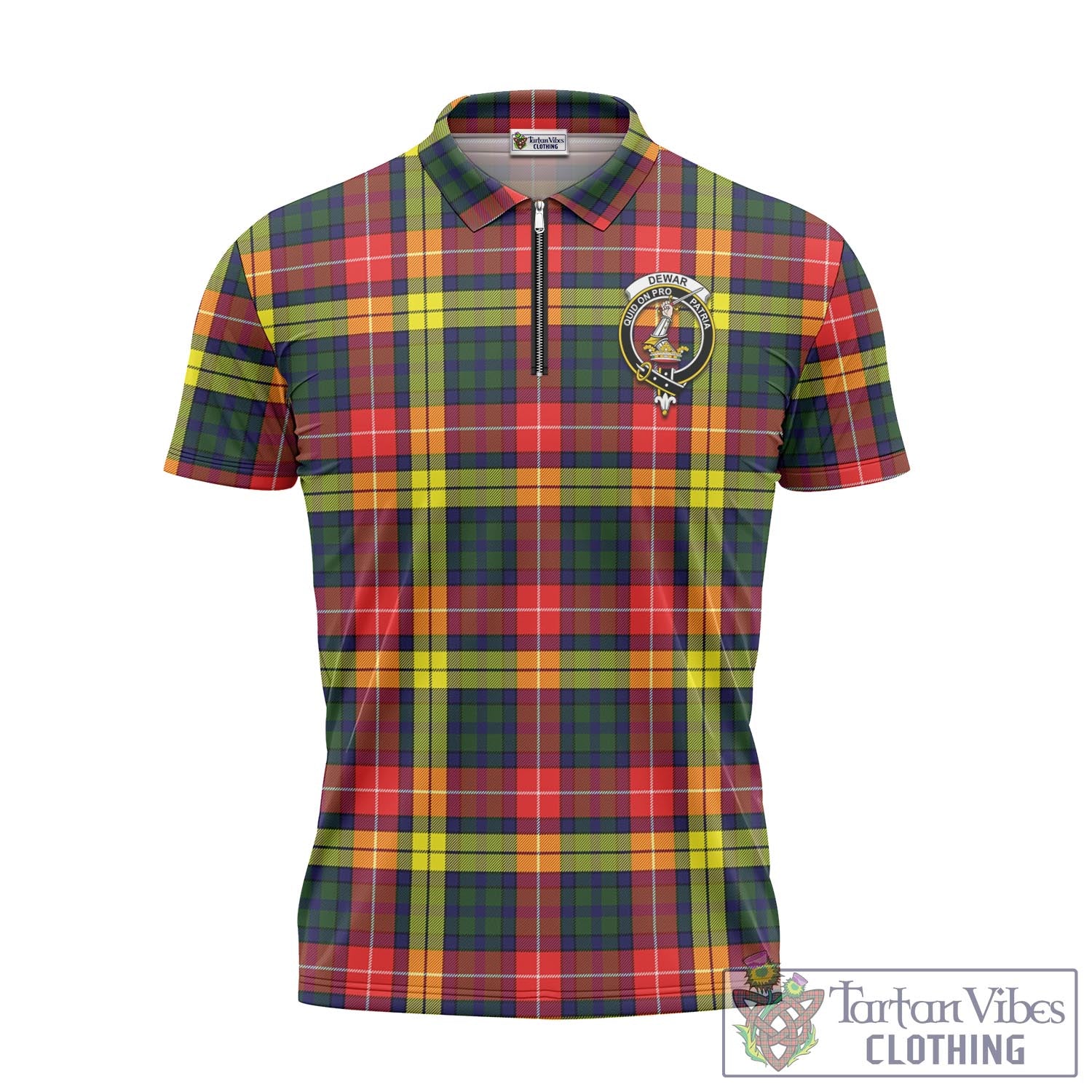 Tartan Vibes Clothing Dewar Tartan Zipper Polo Shirt with Family Crest