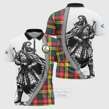 Dewar Tartan Clan Crest Zipper Polo Shirt with Highlander Warrior Celtic Style Unisex - Tartan Vibes Clothing