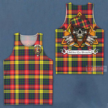 Dewar Tartan Men's Tank Top with Family Crest and Bearded Skull Holding Bottles of Whiskey