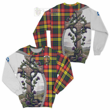 Dewar Tartan Sweatshirt with Family Crest and St. Andrew's Cross Accented by Thistle Vines