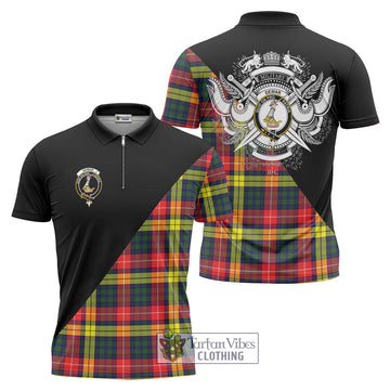 Dewar Tartan Zipper Polo Shirt with Family Crest and Military Logo Style