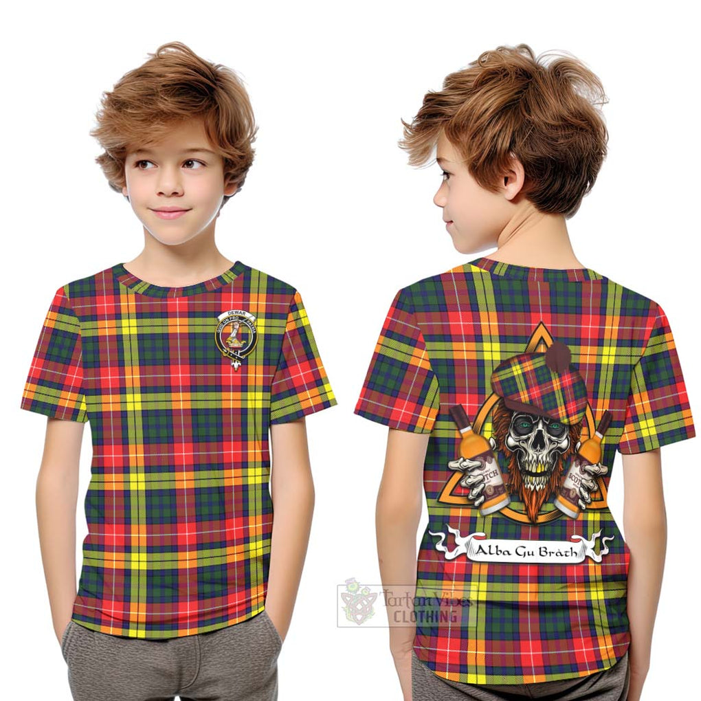 Tartan Vibes Clothing Dewar Tartan Kid T-Shirt with Family Crest and Bearded Skull Holding Bottles of Whiskey