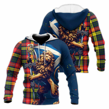 Dewar Tartan Family Crest Knitted Hoodie with Scottish Majestic Lion