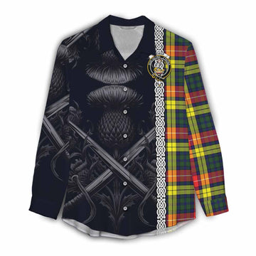 Dewar Tartan Women's Casual Shirt with Family Crest Cross Sword Thistle Celtic Vibes