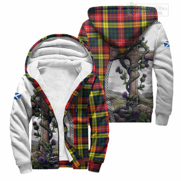 Dewar Tartan Sherpa Hoodie with Family Crest and St. Andrew's Cross Accented by Thistle Vines