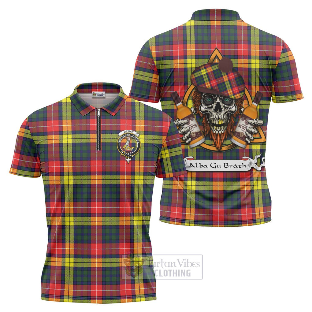 Tartan Vibes Clothing Dewar Tartan Zipper Polo Shirt with Family Crest and Bearded Skull Holding Bottles of Whiskey