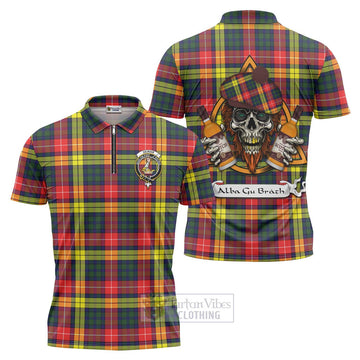 Dewar Tartan Zipper Polo Shirt with Family Crest and Bearded Skull Holding Bottles of Whiskey