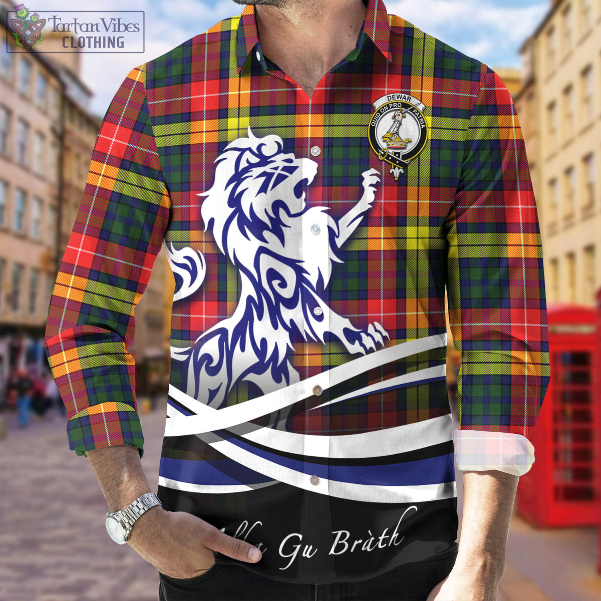 Dewar Tartan Long Sleeve Button Up Shirt with Alba Gu Brath Regal Lion Emblem Men's Shirt - Tartan Vibes Clothing