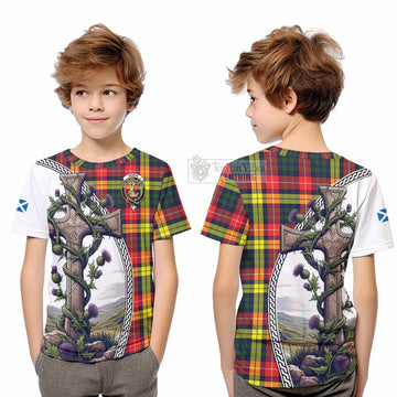 Dewar Tartan Kid T-Shirt with Family Crest and St. Andrew's Cross Accented by Thistle Vines