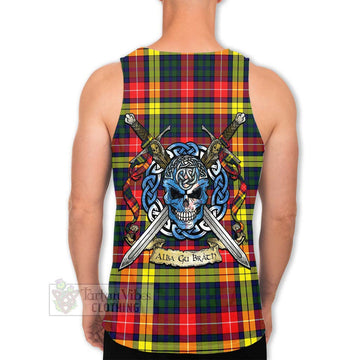 Dewar Tartan Men's Tank Top with Family Crest Celtic Skull Style