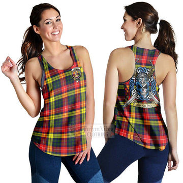 Dewar Tartan Women's Racerback Tanks with Family Crest Celtic Skull Style