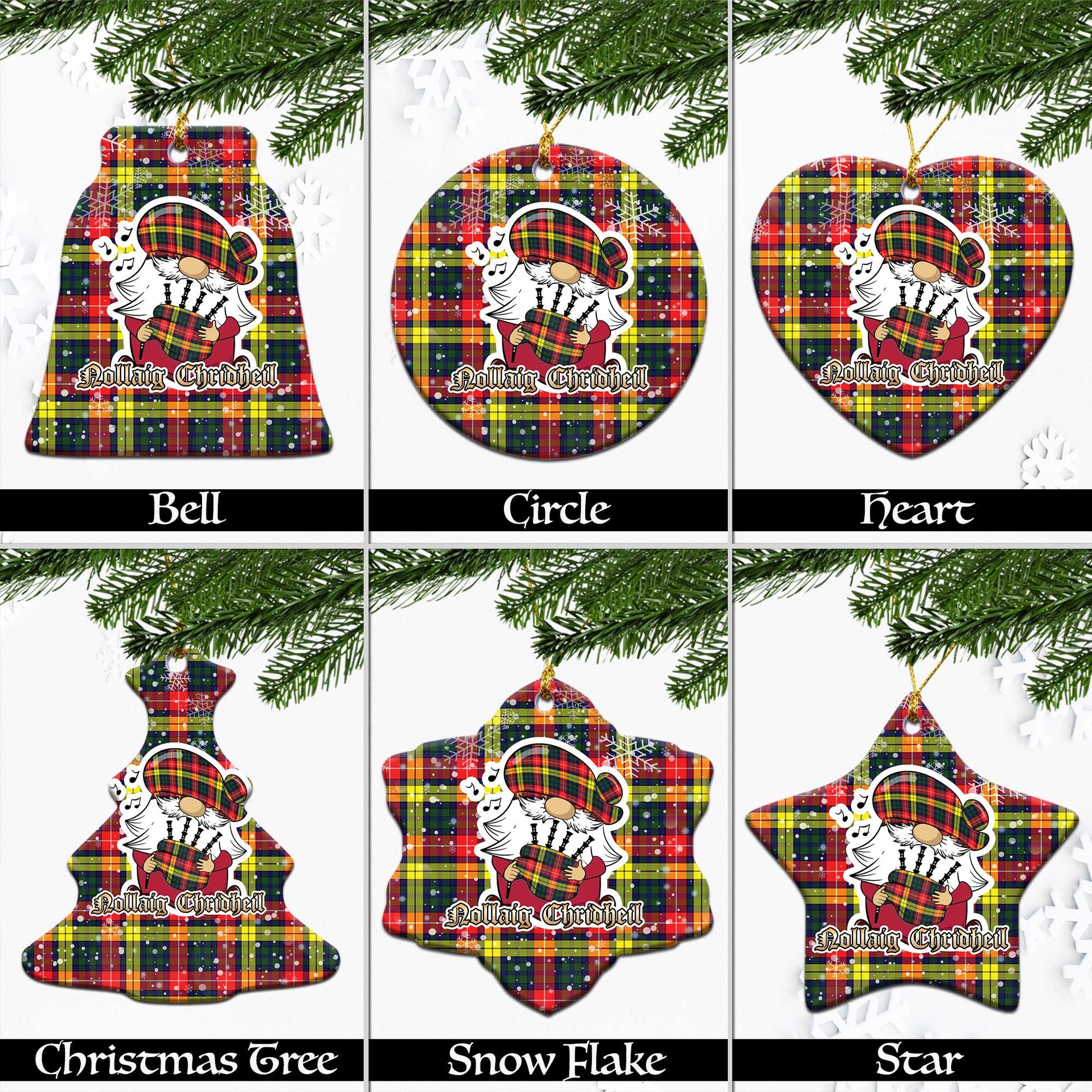 Dewar Tartan Christmas Ornaments with Scottish Gnome Playing Bagpipes Ceramic - Tartanvibesclothing