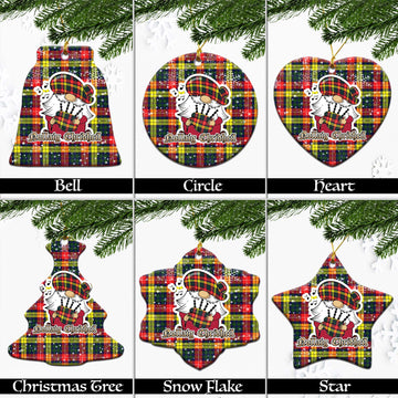 Dewar Tartan Christmas Ceramic Ornaments with Scottish Gnome Playing Bagpipes