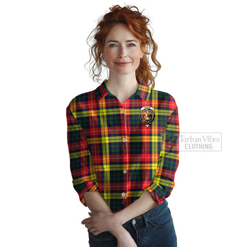 Dewar Tartan Women's Casual Shirt with Family Crest and Bearded Skull Holding Bottles of Whiskey