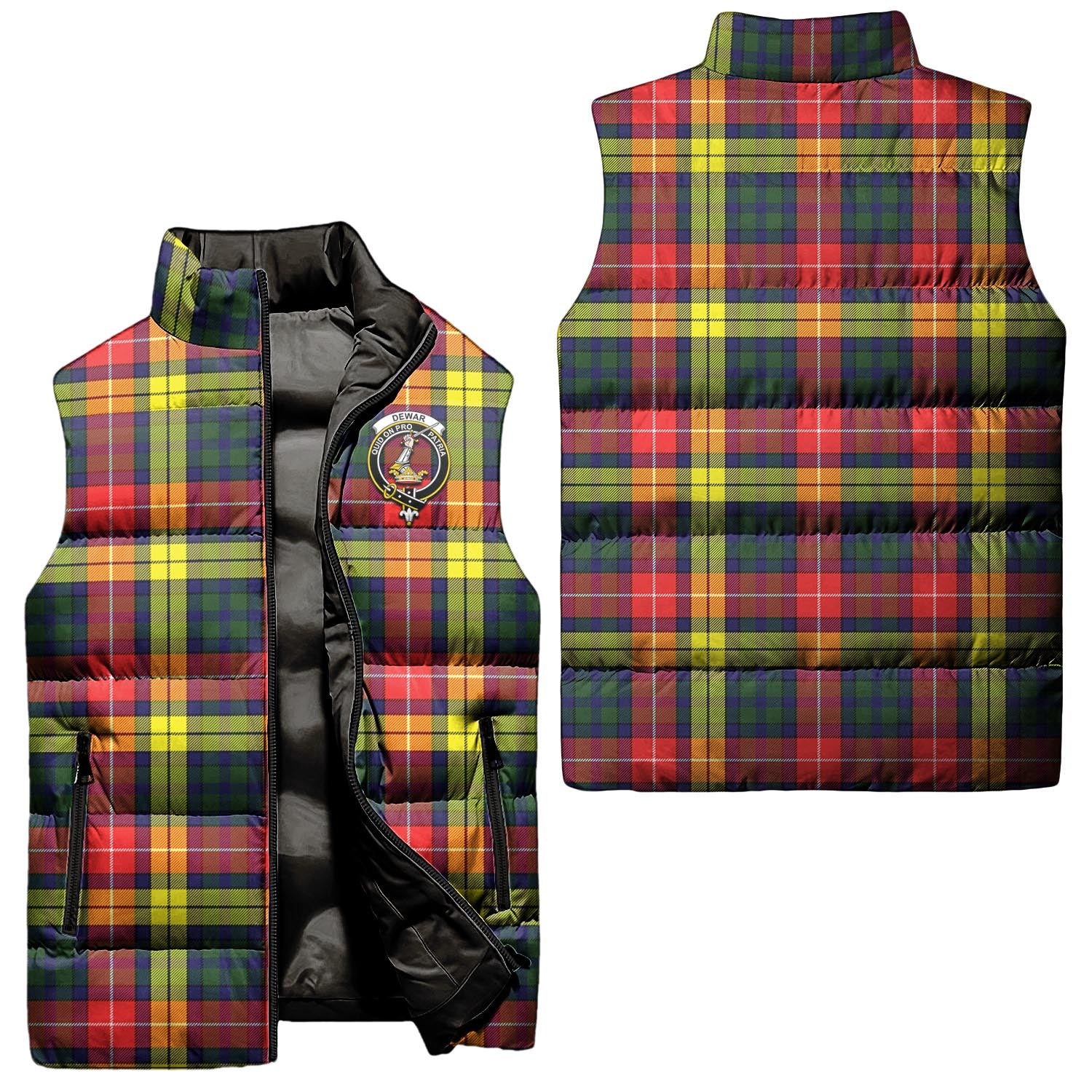 Dewar Tartan Sleeveless Puffer Jacket with Family Crest Unisex - Tartanvibesclothing