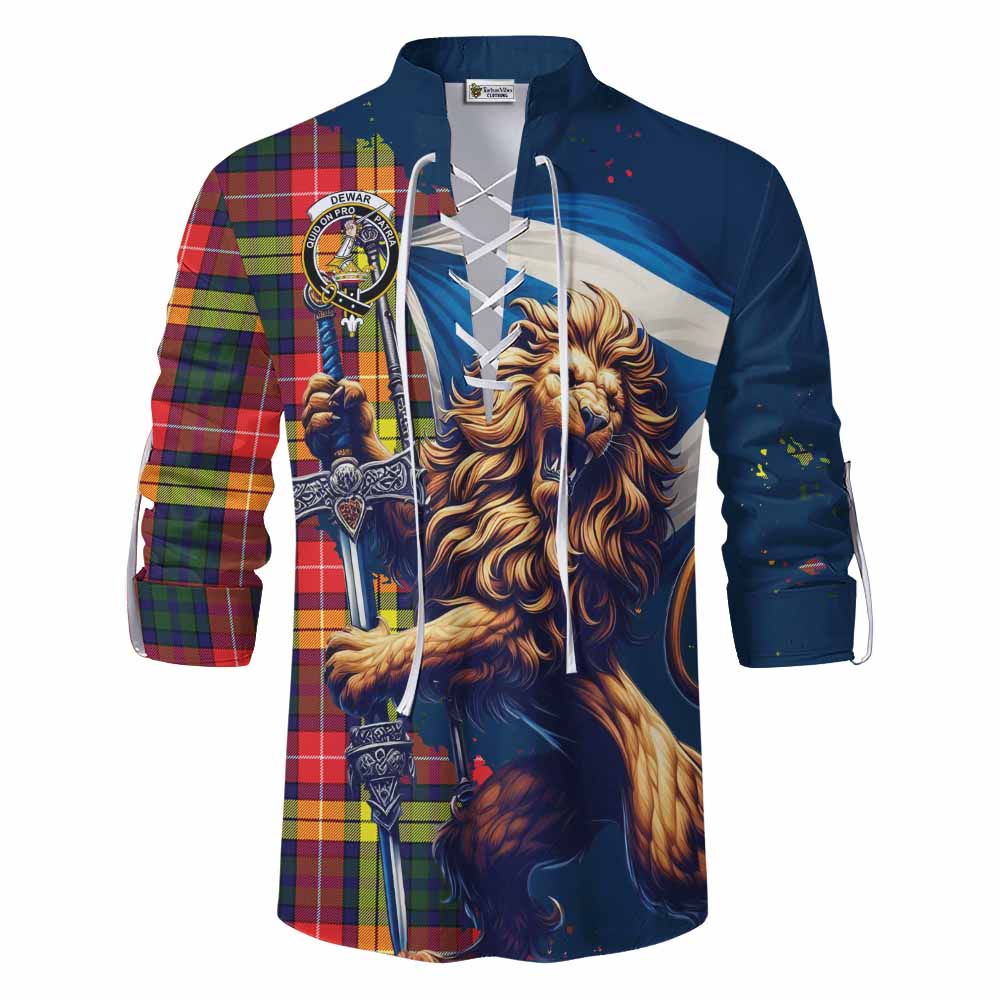 Tartan Vibes Clothing Dewar Tartan Family Crest Ghillie Kilt Shirt with Scottish Majestic Lion