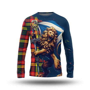 Dewar Tartan Family Crest Long Sleeve T-Shirt with Scottish Majestic Lion