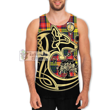 Dewar Tartan Men's Tank Top with Family Crest Celtic Wolf Style