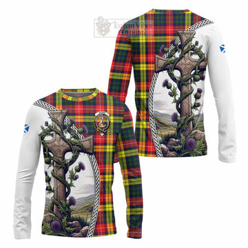 Dewar Tartan Long Sleeve T-Shirt with Family Crest and St. Andrew's Cross Accented by Thistle Vines