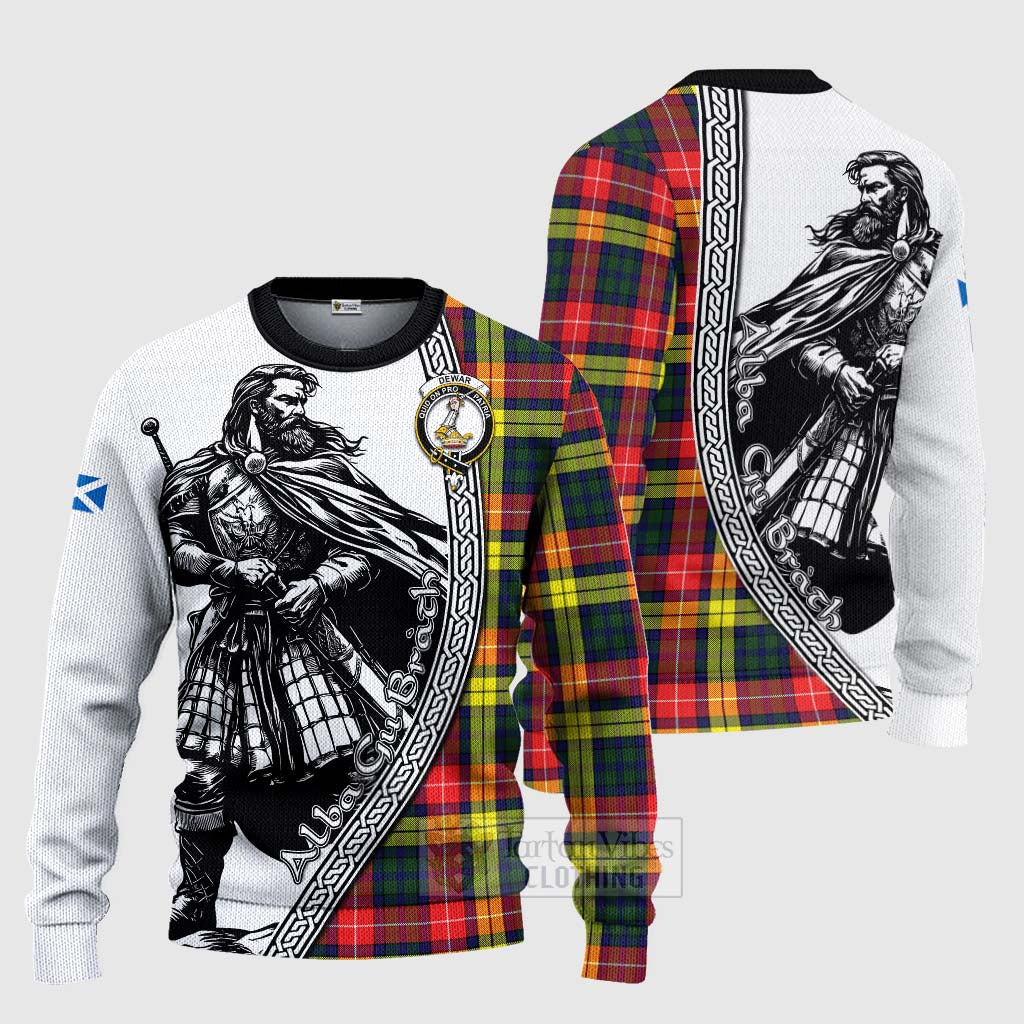 Dewar Tartan Clan Crest Knitted Sweater with Highlander Warrior Celtic Style Unisex - Tartan Vibes Clothing
