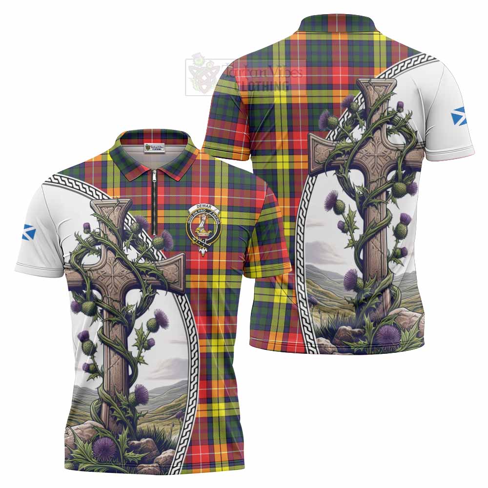 Tartan Vibes Clothing Dewar Tartan Zipper Polo Shirt with Family Crest and St. Andrew's Cross Accented by Thistle Vines