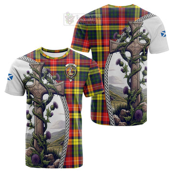 Dewar Tartan Cotton T-shirt with Family Crest and St. Andrew's Cross Accented by Thistle Vines