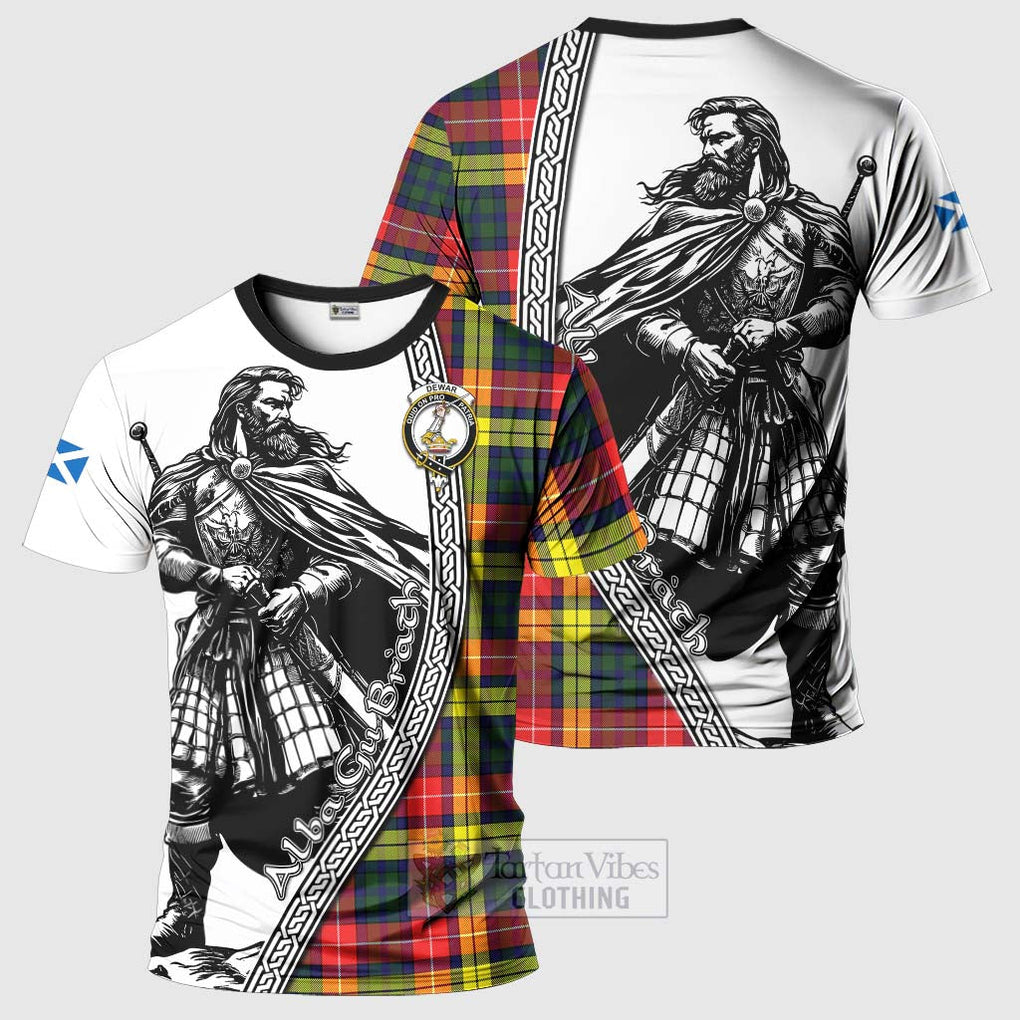 Tartan Vibes Clothing Dewar Tartan Clan Crest T-Shirt with Highlander Warrior Celtic Style