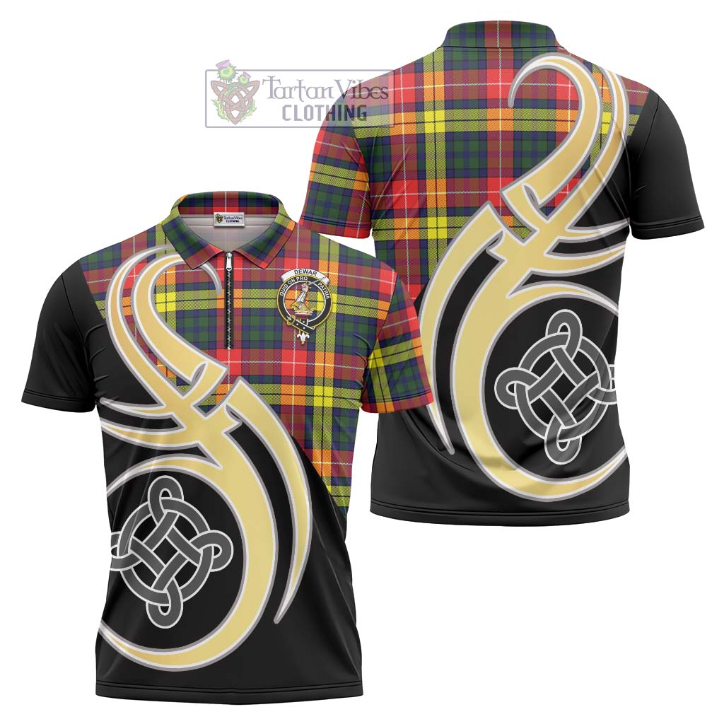 Tartan Vibes Clothing Dewar Tartan Zipper Polo Shirt with Family Crest and Celtic Symbol Style