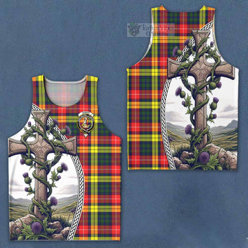 Dewar Tartan Men's Tank Top with Family Crest and St. Andrew's Cross Accented by Thistle Vines