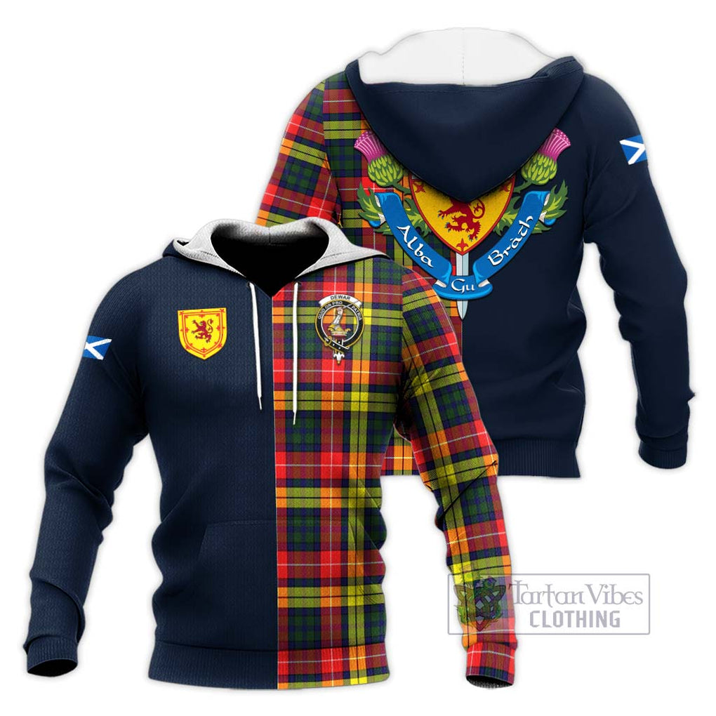 Tartan Vibes Clothing Dewar Tartan Knitted Hoodie with Scottish Lion Royal Arm Half Style