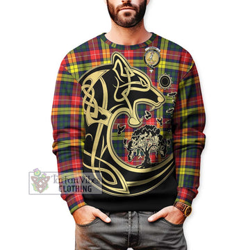 Dewar Tartan Sweatshirt with Family Crest Celtic Wolf Style