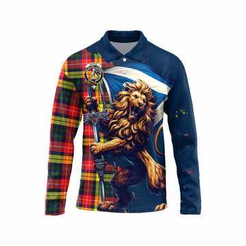 Dewar Tartan Family Crest Long Sleeve Polo Shirt with Scottish Majestic Lion