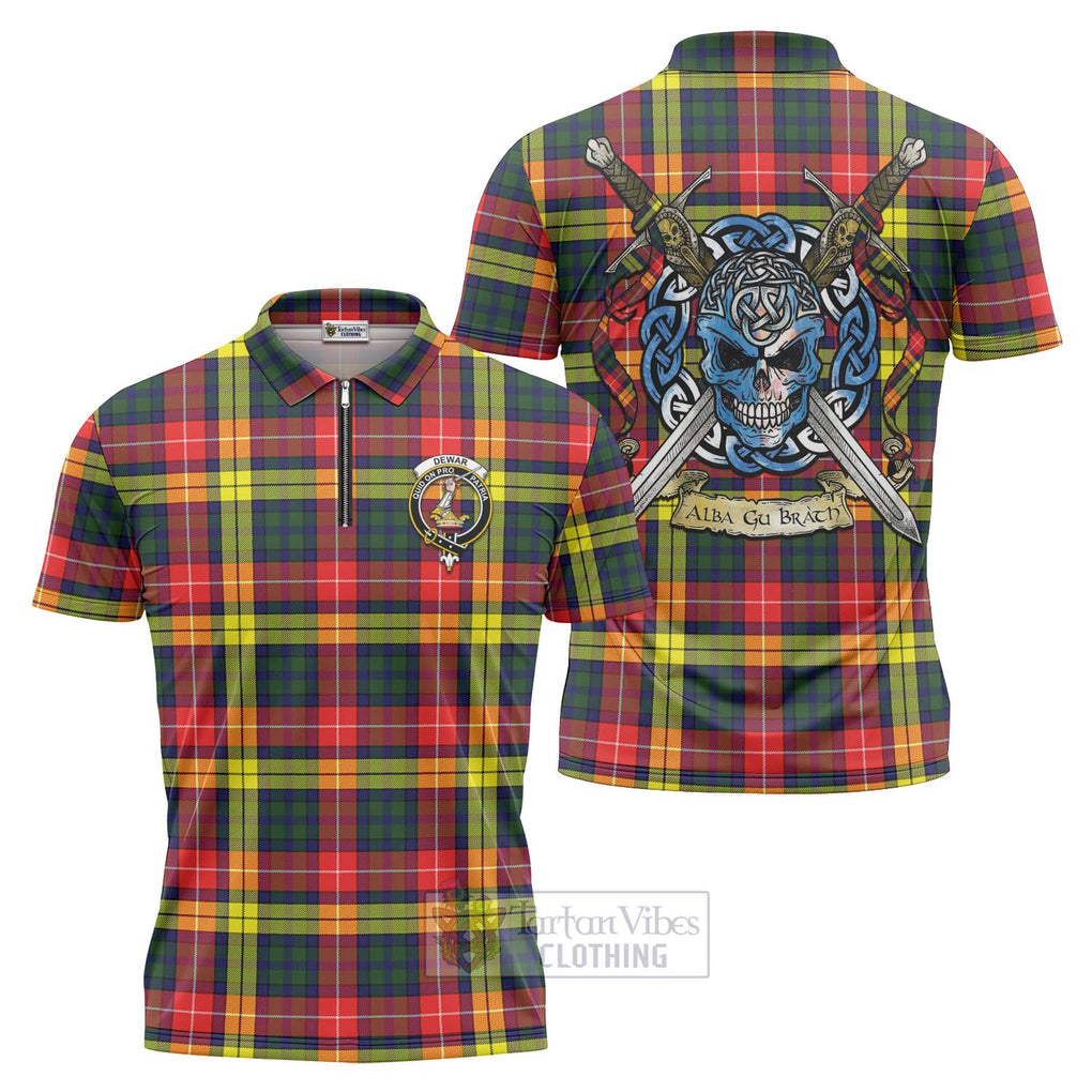 Tartan Vibes Clothing Dewar Tartan Zipper Polo Shirt with Family Crest Celtic Skull Style