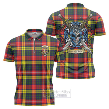 Dewar Tartan Zipper Polo Shirt with Family Crest Celtic Skull Style