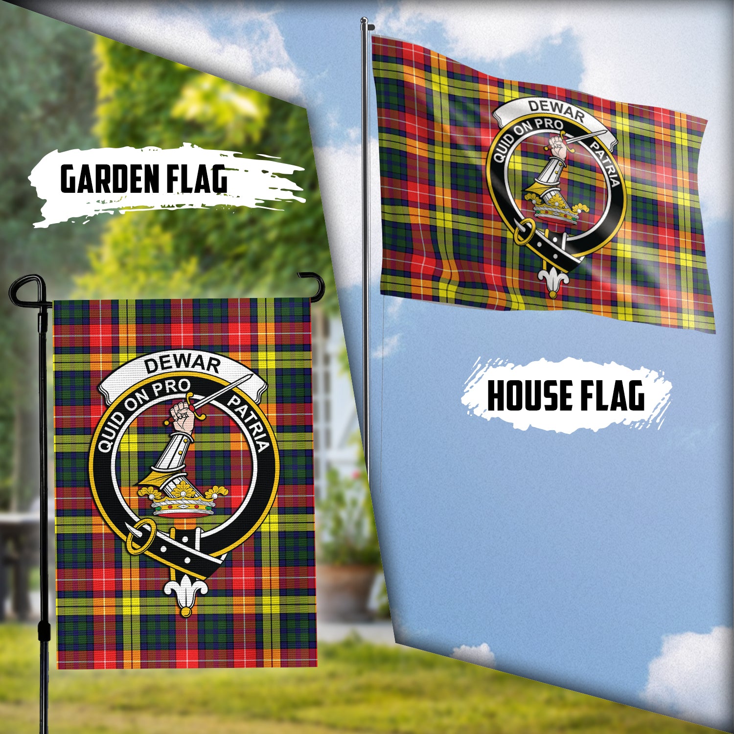 Dewar Tartan Flag with Family Crest Garden Flag (Vertical) - Tartan Vibes Clothing