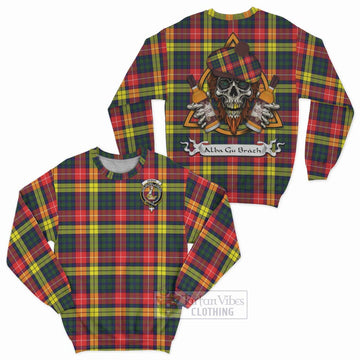 Dewar Tartan Sweatshirt with Family Crest and Bearded Skull Holding Bottles of Whiskey Unisex - Tartan Vibes Clothing