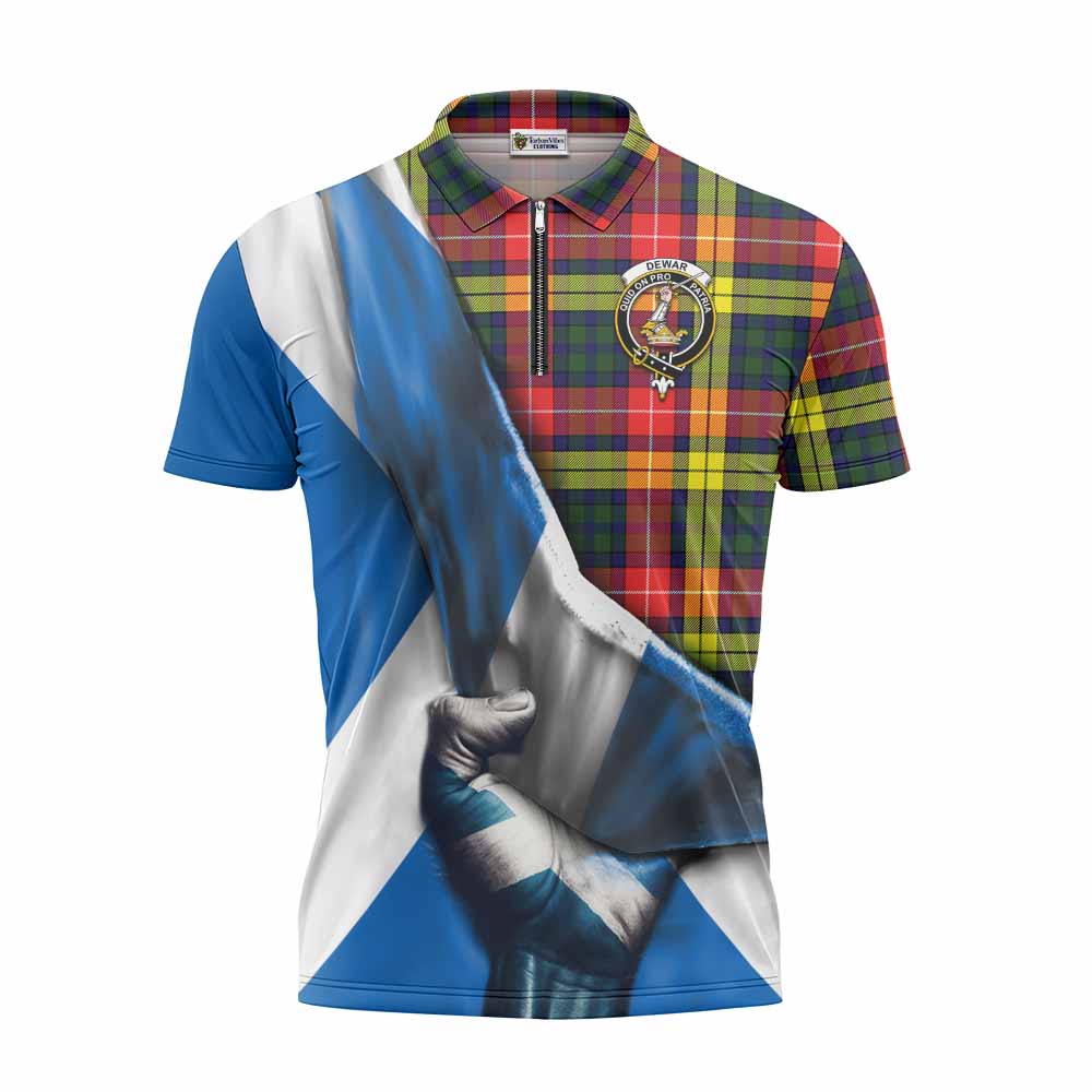 Tartan Vibes Clothing Dewar Tartan Zipper Polo Shirt with Family Crest Scotland Patriotic Style