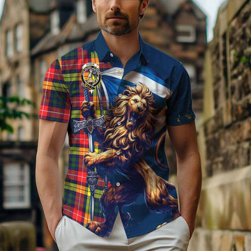 Dewar Tartan Family Crest Short Sleeve Button Shirt with Scottish Majestic Lion