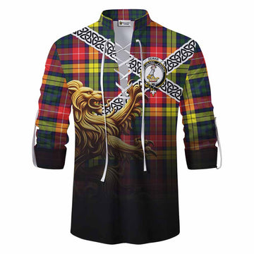 Dewar Crest Tartan Ghillie Kilt Shirt with Golden Lion Emblem Celtic Style Men - Tartan Vibes Clothing