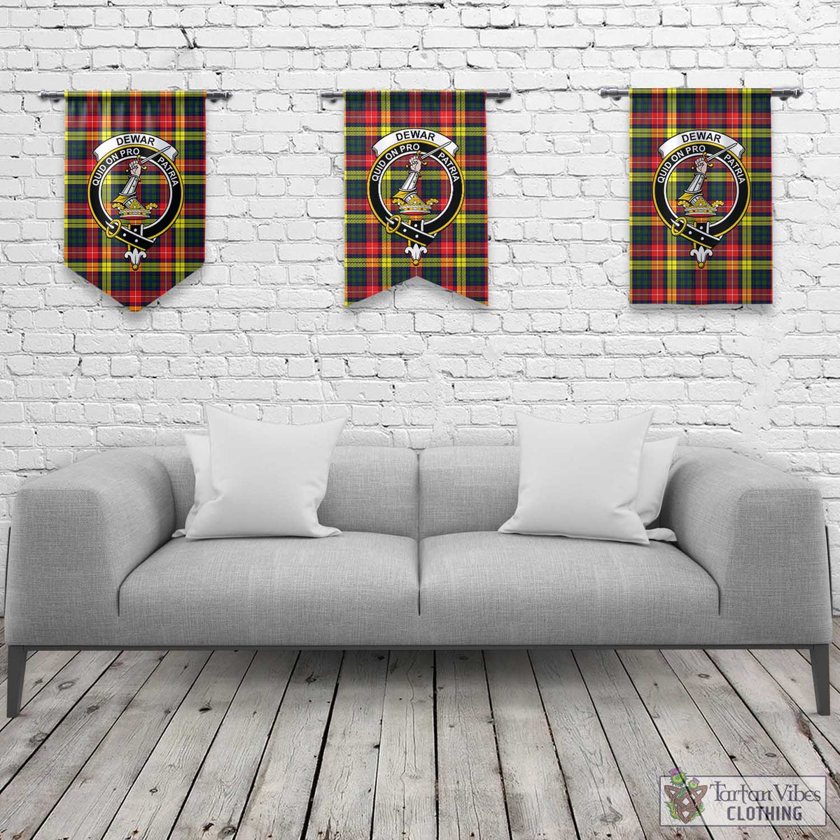 Dewar Tartan Gonfalon, Tartan Banner with Family Crest Rectangle - Tartan Vibes Clothing